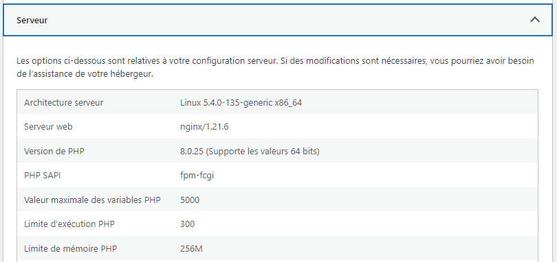 Server section of the WordPress Site Health tool, showing the PHP version in use